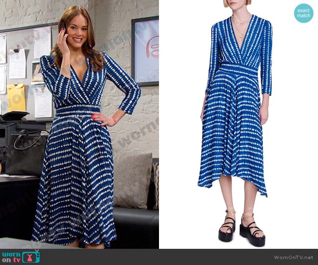 Maje Rayemitte Asymmetrical Hem Midi Dress in Tie Dye Blue worn by Stephanie Johnson (Abigail Klein) on Days of our Lives