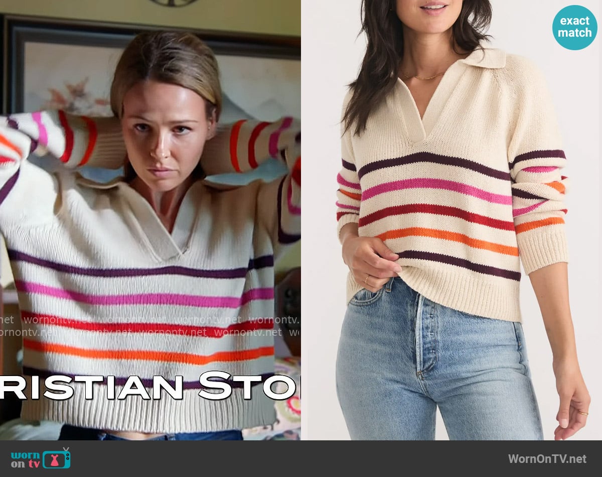 Marine Layer Claire Relaxed Sweater Polo in Warm Stripe worn by Lyla 'Lizzy' Novak (Jocelyn Hudon) on Chicago Fire