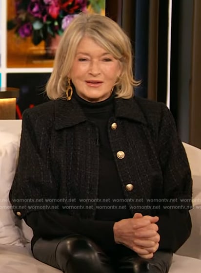 Martha Stewart’s black tweed short sleeve jacket on The Drew Barrymore Show