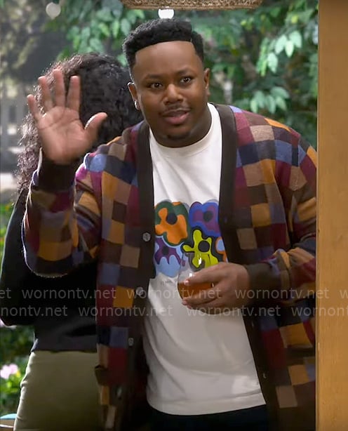 Marty’s squares print cardigan on The Neighborhood