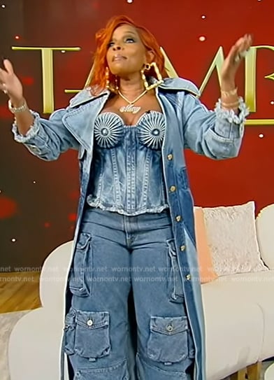 Mary J. Blige’s denim corset top and utility jeans on Tamron Hall Show
