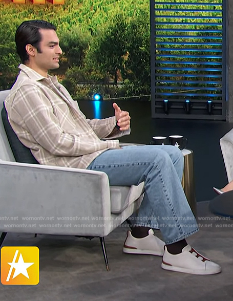 Matteo Bocelli’s beige plaid overshirt on Access Hollywood