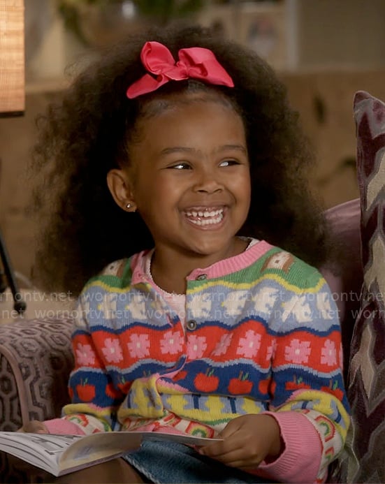 Maya’s colorful print cardigan on Poppas House