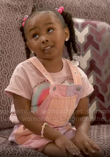 Maya’s pastel colorblock overalls and heart t-shirt on Poppas House