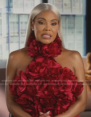 Mia’s pink rose applique confessional dress on The Real Housewives of Potomac