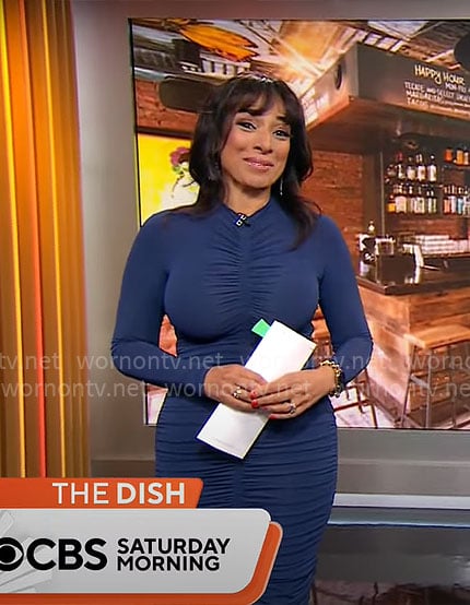 Michelle Miller’s blue ruched front dress on CBS Mornings
