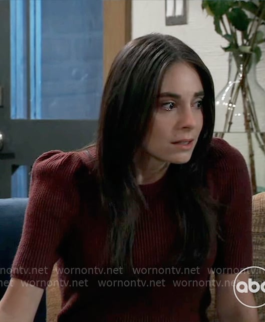 Molly’s dark red puff-sleeve ribbed top on General Hospital