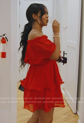 Monique’s red off shoulder ruffle dress on The Real Housewives of Potomac