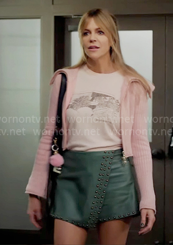 Morgan’s pink zip cardigan and green studded skort on High Potential