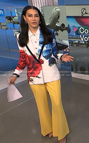 Morgan’s white floral blazer and yellow flare pants on NBC News Daily
