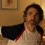 Nathan’s white Fila t-shirt with navy sleeves on Based on a True Story