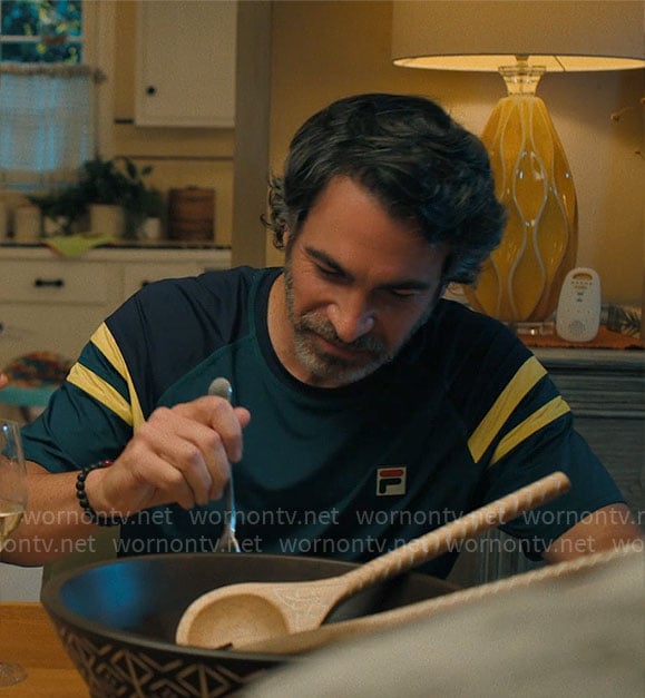 Nathan’s green Fila t-shirt with striped sleeves on Based on a True Story