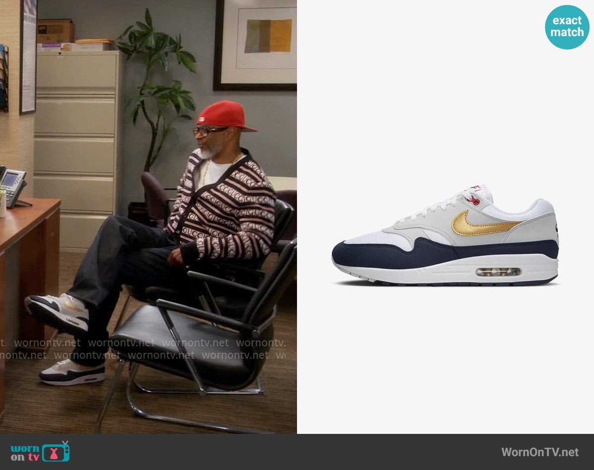 Nike Air Max 1 Sneakers in Obsidian/White/Light Smoke Grey/Metallic Gold worn by Poppa (Damon Wayans) on Poppas House