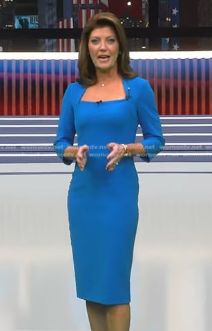Norah’s blue square neck sheath dress on CBS Evening News