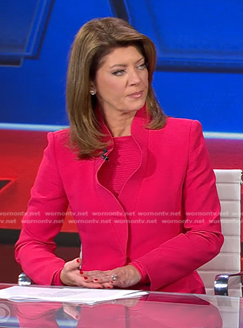 Norah’s pink ruffled blazer and pants on CBS Evening News