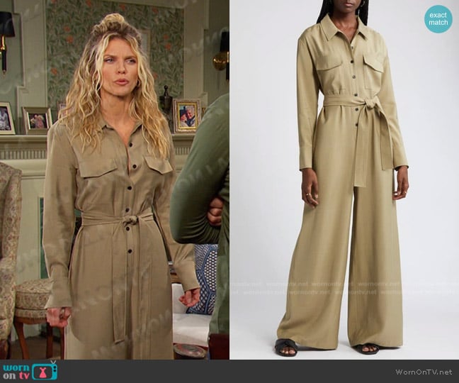 Nordstrom Long Sleeve Utility Jumpsuit in Olive worn by Catherina Greene (AnnaLynne McCord) on Days of our Lives