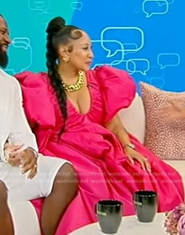 Nova Styles’ pink puff sleeve maxi dress on Tamron Hall Show