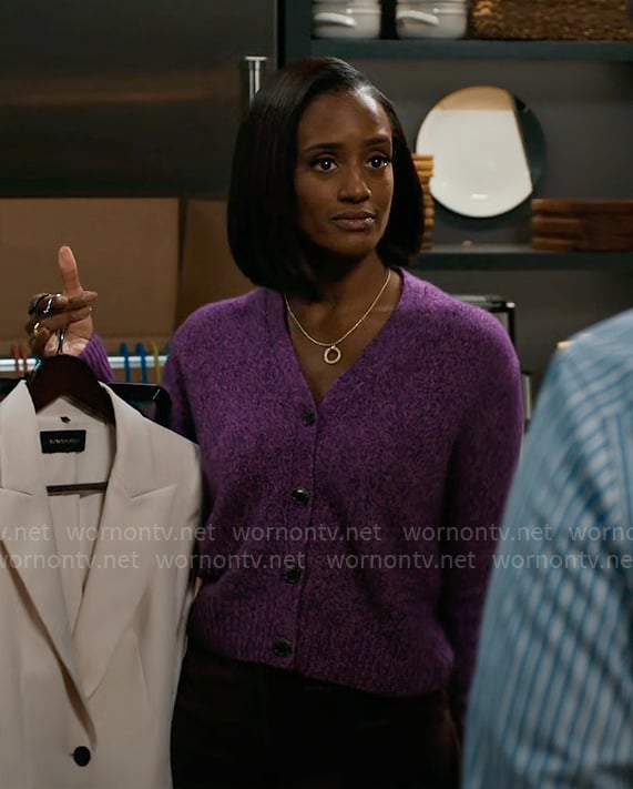 Olympia’s purple v-neck cardigan on Matlock