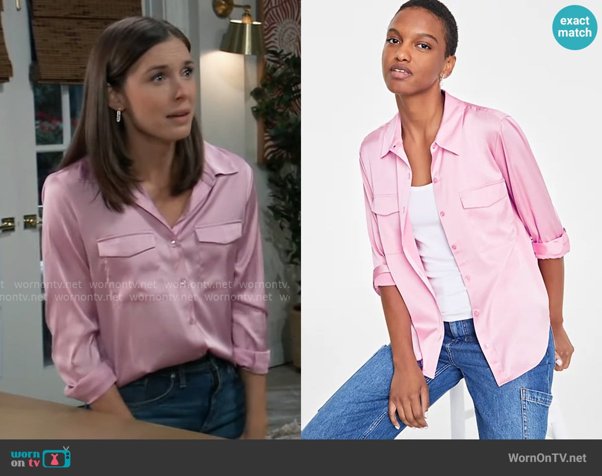 On 34th Button-Front Long-Sleeve Utility Shirt in Pink Lilac worn by Willow Tait (Katelyn MacMullen) on General Hospital