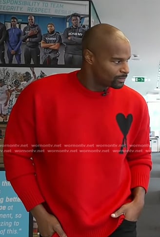 Osi Umenyiora’s red heart print sweater on Today