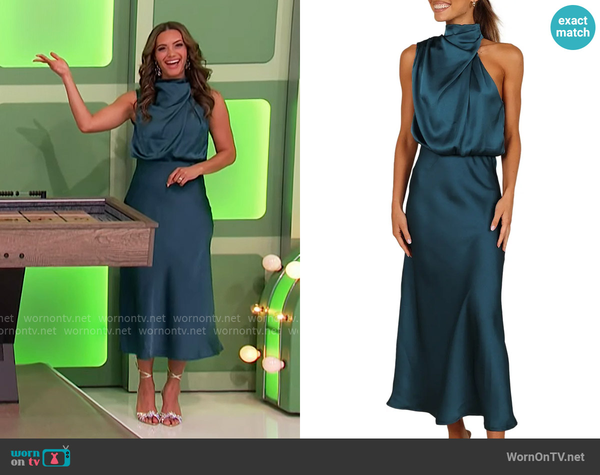 Petal + Pup Annabelle Satin Midi Dress worn by Alexis Gaube on The Price is Right