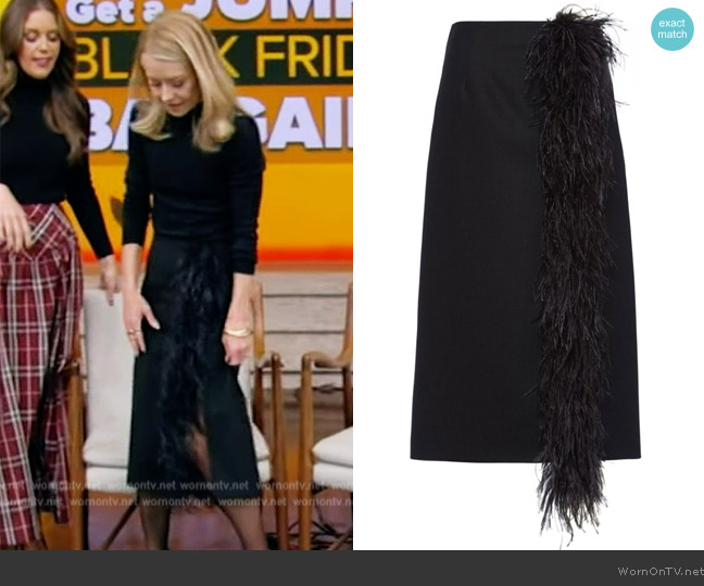 Prada Feather-trimmed wool midi-skirt worn by Kelly Ripa on Live with Kelly and Mark