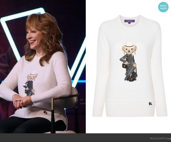 Ralph Lauren Polo Bear-embroidered jumper worn by Reba McEntire on Access Hollywood