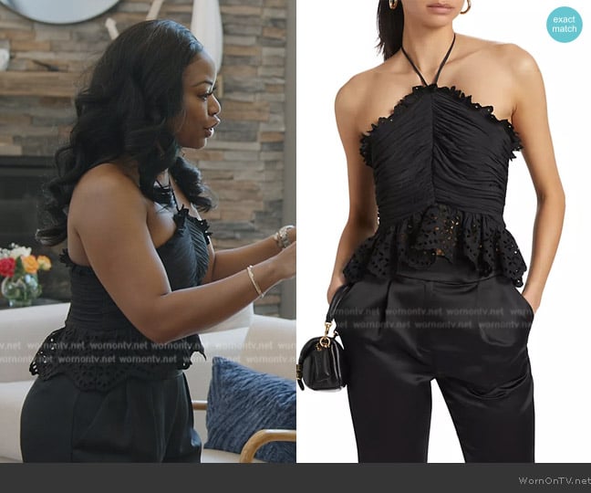Ramy Brook Michelle Ruched Eyelet Top worn by Keiarna Stewart on The Real Housewives of Potomac