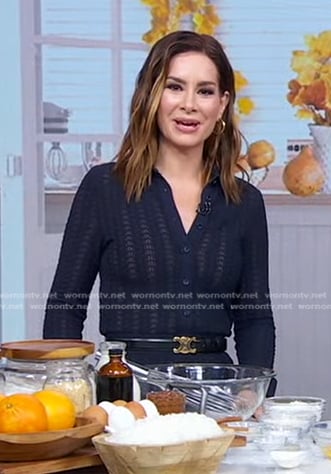 Rebecca’s navy knit shirt and skirt on Good Morning America