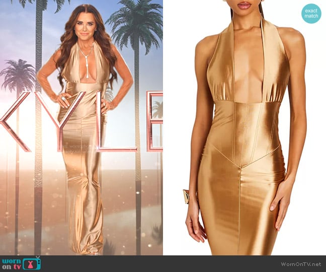 Retrofete Charity Dress in Gold worn by Kyle Richards on The Real Housewives of Beverly Hills