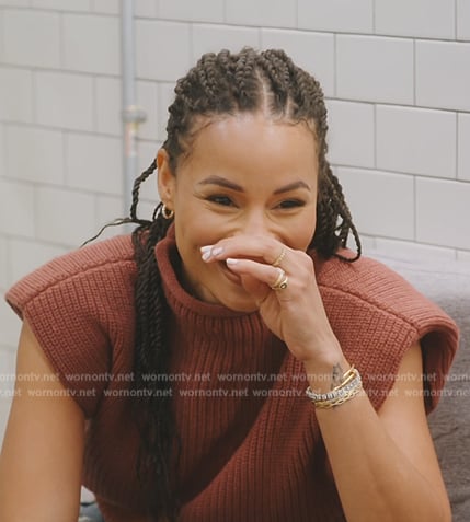Sai’s brown knit top with shoulder pads on The Real Housewives of New York City