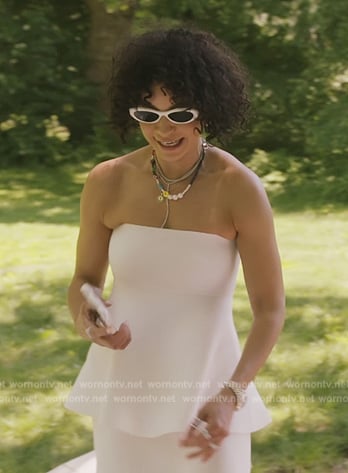 Sai’s white strapless top and skirt on The Real Housewives of New York City