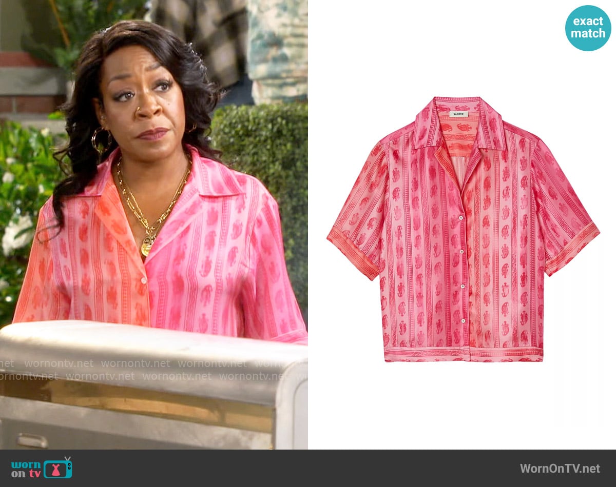 Sandro Tejal Silk Shirt worn by Tina Butler (Tichina Arnold) on The Neighborhood