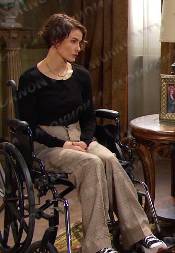 Sarah’s black cropped cardigan and plaid pants on Days of our Lives