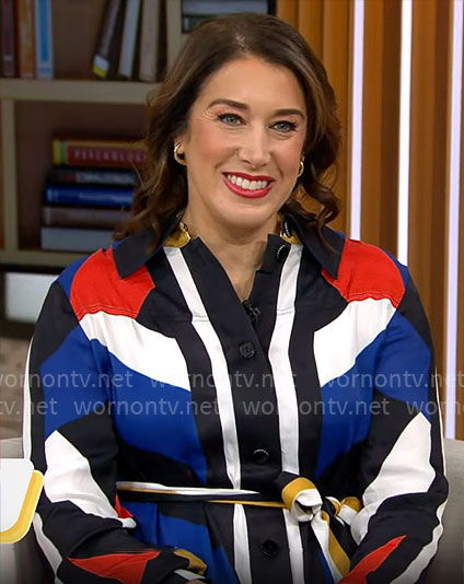 Sarah Gelman’s geometric print shirtdress on CBS Mornings