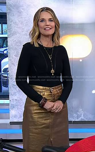 Savannah’s black mesh inset top and metallic skirt on Today