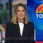 Savannah’s black blazer and white tie neck top on Today