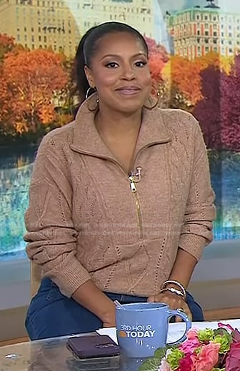 Sheinelle’s beige cable knit half-zip sweater and jeans on Today