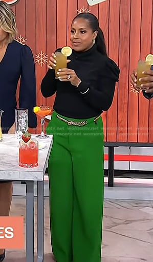 Sheinelle’s black puff sleeve top and green pants on Today