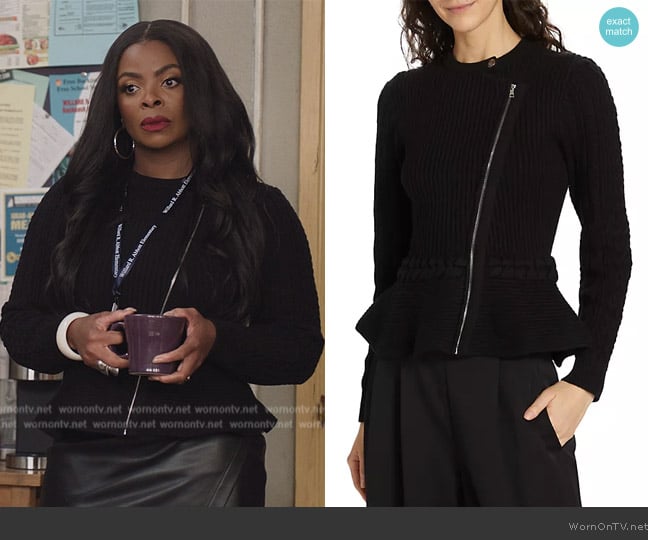 Simkhai Andi Mixed-Knit Cotton Peplum Jacket worn by Ava Coleman (Janelle James) on Abbott Elementary