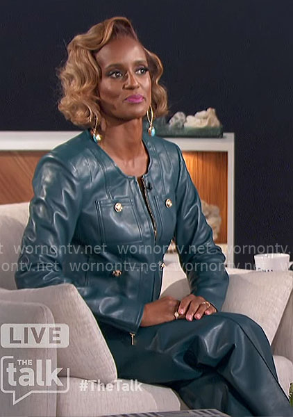 Skye Marshall’s teal leather jacket and pants set on The Talk
