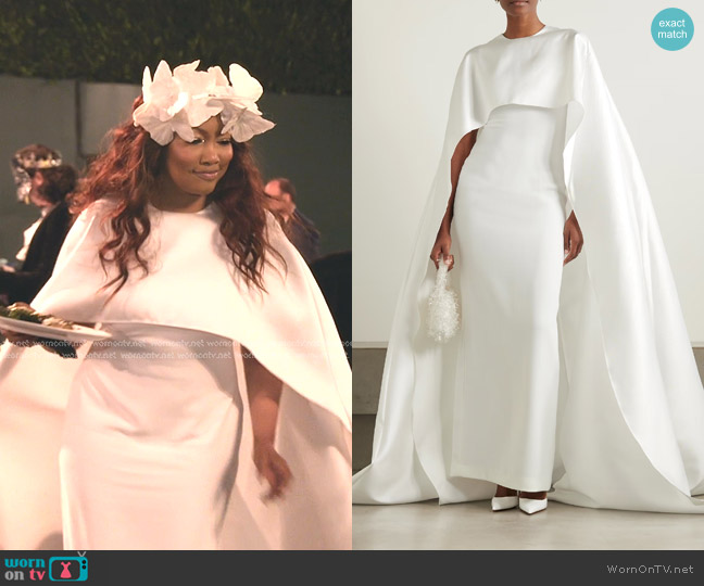 Solace London Leni Cape-effect Crepe and Faille Gown in Ivory worn by Garcelle Beauvais on The Real Housewives of Beverly Hills