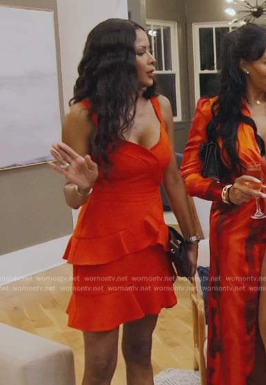 Stacey’s red ruffle mini dress on The Real Housewives of Potomac