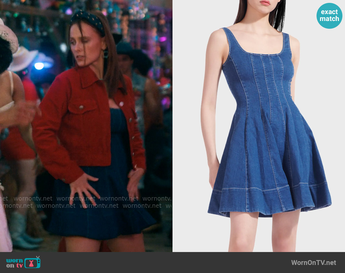 Staud Wells Denim Skater Dress worn by Kimberly Finkle (Pauline Chalamet) on The Sex Lives of College Girls