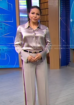 Stephanie’s wide cuff silk shirt and side stripe pants on Good Morning America