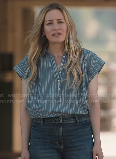 Summer’s blue striped top on Yellowstone
