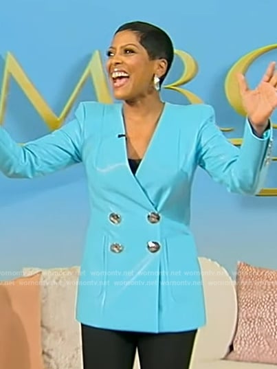 Tamron’s blue leather blazer on Tamron Hall Show