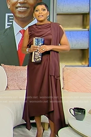 Tamron’s burgundy drape satin top and skirt on Tamron Hall Show