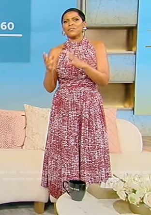 Tamron’s red patterned sleeveless midi dress on Tamron Hall Show