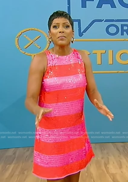 Tamron’s red sequin stripe mini dress on Tamron Hall Show